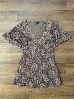 Ann Ferriday Size Medium Tunic Top / Micro Mini Dress Brown Lace Vintage ALTERED